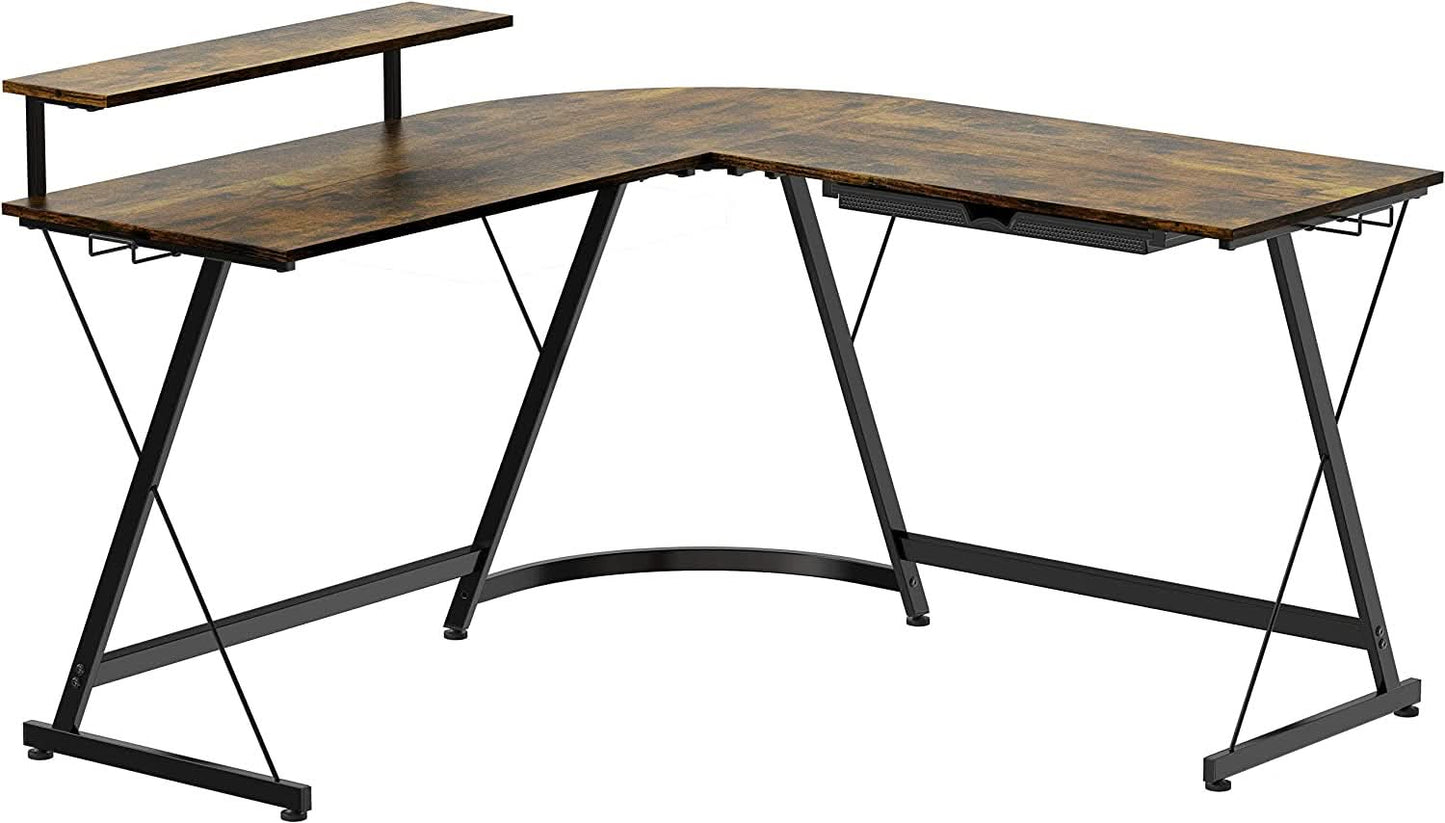 Vista Rustic Brown L Shaped Desk With Monitor Stand