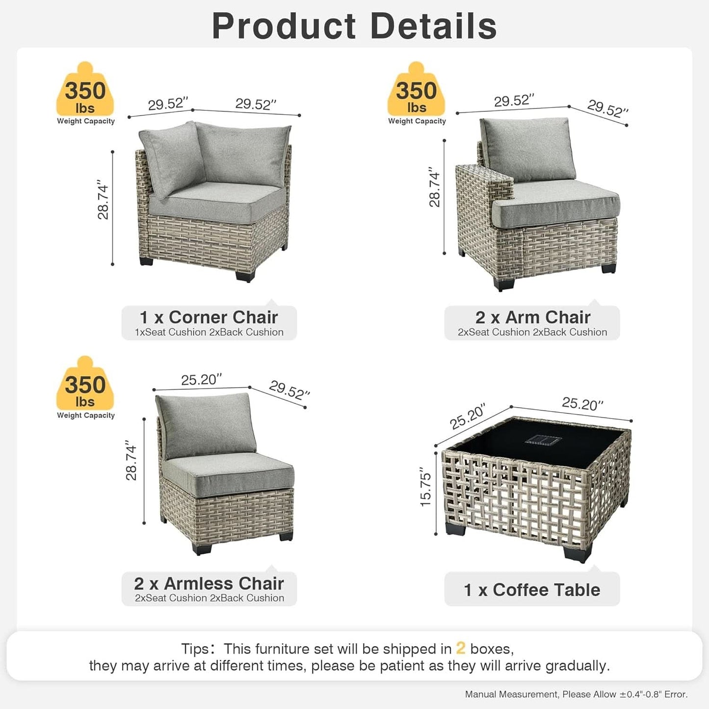 Dark Gray Wicker Patio Furniture Set 6 Pieces Cushioned