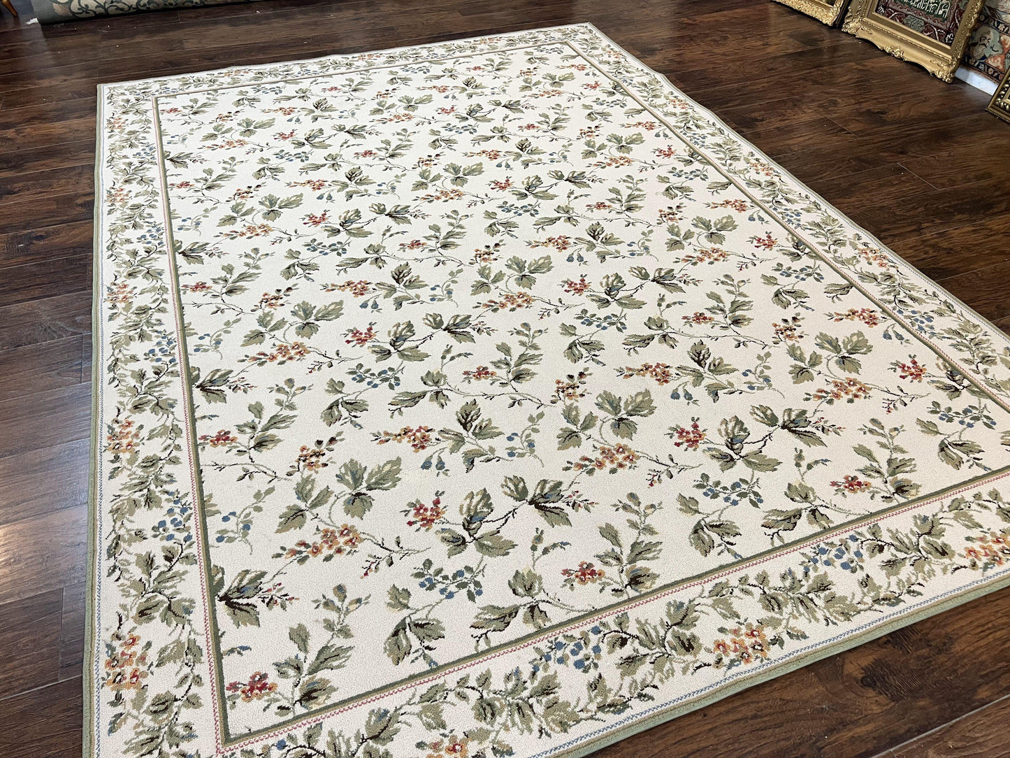 Vintage Stark Carpet 7x10, Ivory and Green, European Aubusson Design, Allover Pattern, Stark Rug