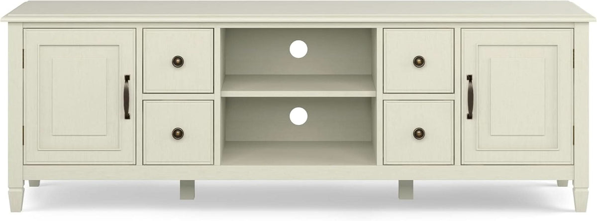 72 Inch Wide Solid Wood TV Stand Antique White With Storage