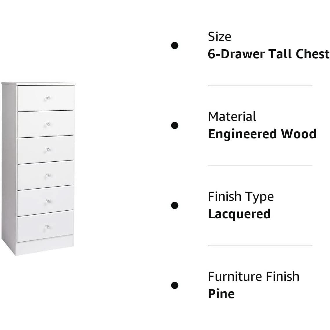 6-Drawer Tall Chest Dresser With Acrylic Knobs Solid Wood