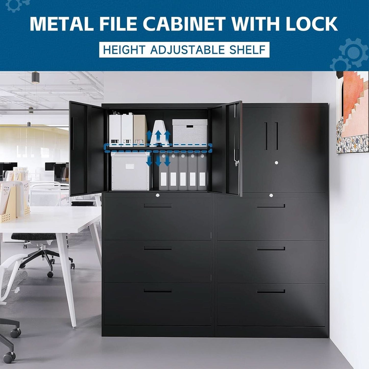 Three Drawer Metal File Cabinet Locking With Storage Shelves Black For Legal Letter A4 Documents