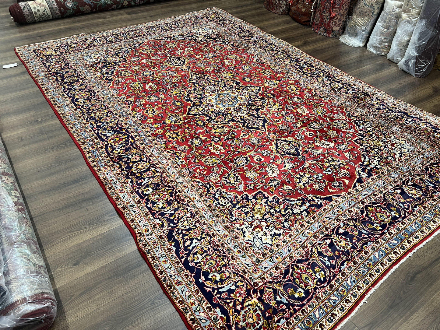 Persian Kashan Rug 9x12, Red Navy Blue, Allover Floral Medallion & Corner Design, Handmade Wool Oriental Carpet, Semi Antique Traditional Carpet