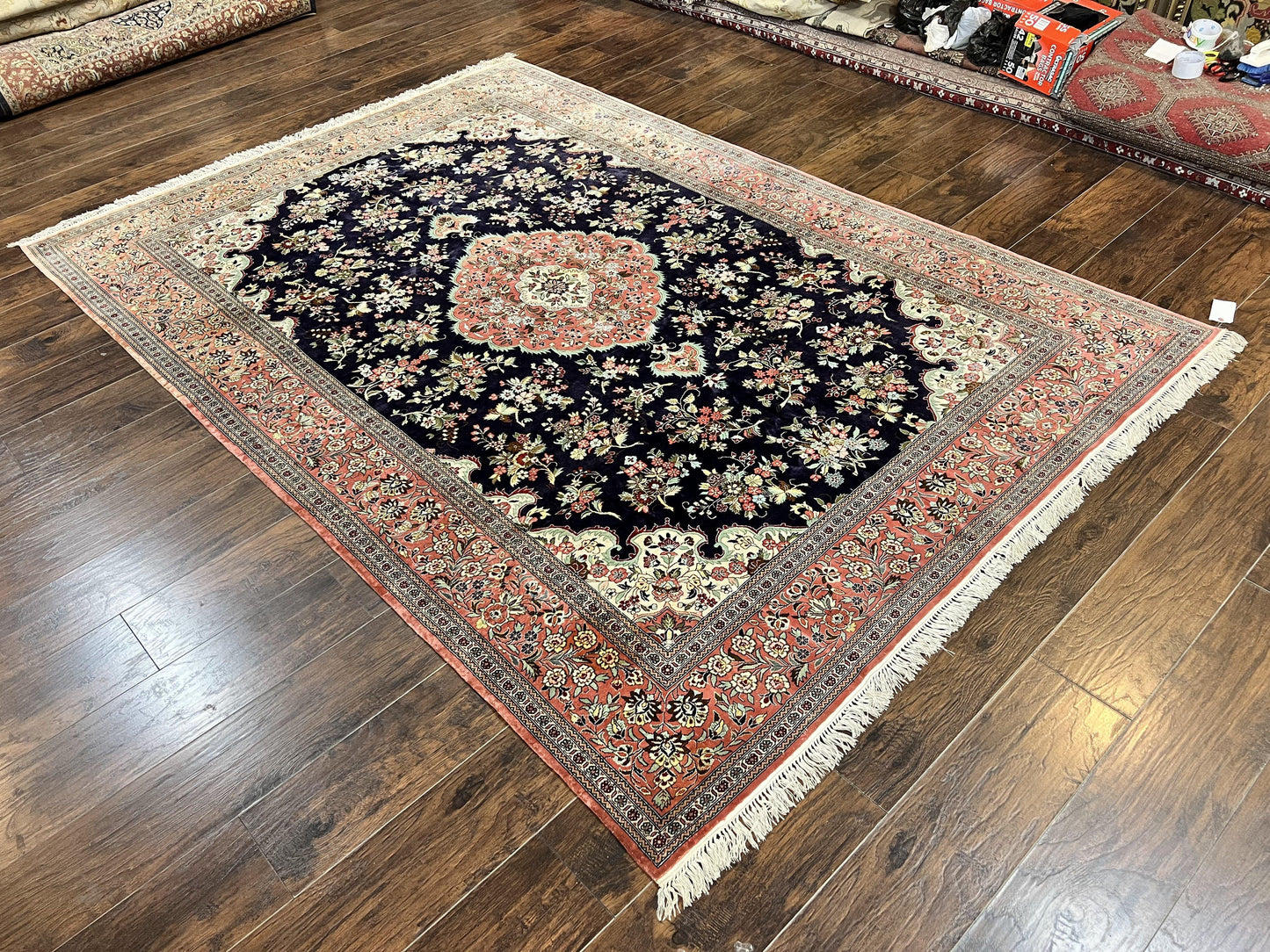 Stunning Silk Persian Qum Rug 7x9, Finely Hand Knotted Navy Blue & Salmon Floral Medallion Authentic Oriental Carpet, Vintage Handmade Silk Ghom Rug, Silk on Silk