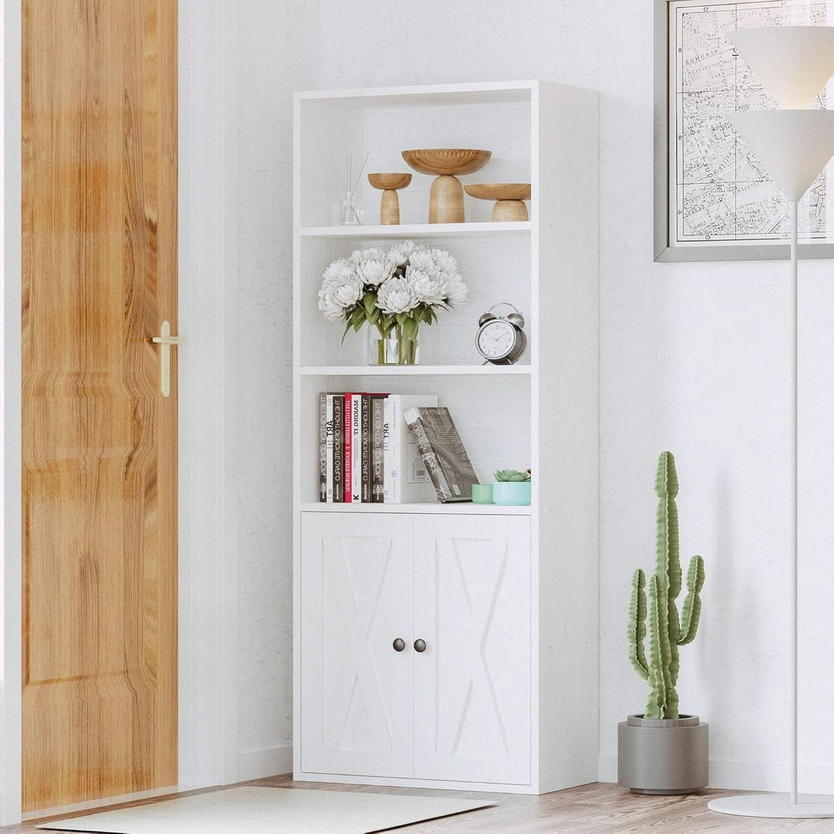 Industrial Bookshelf With Doors 11.8 Depth 5 Shelf Bookcase