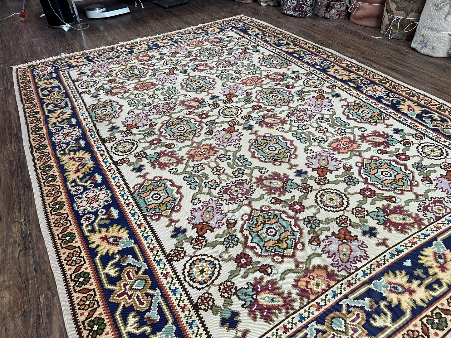 Antique Turkish Kilim Rug 7x10 Allover Pattern, Ivory Cream Maroon Light Blue, Wool Flatweave Hand Woven, Large Kilim, Vintage Kilim Carpet