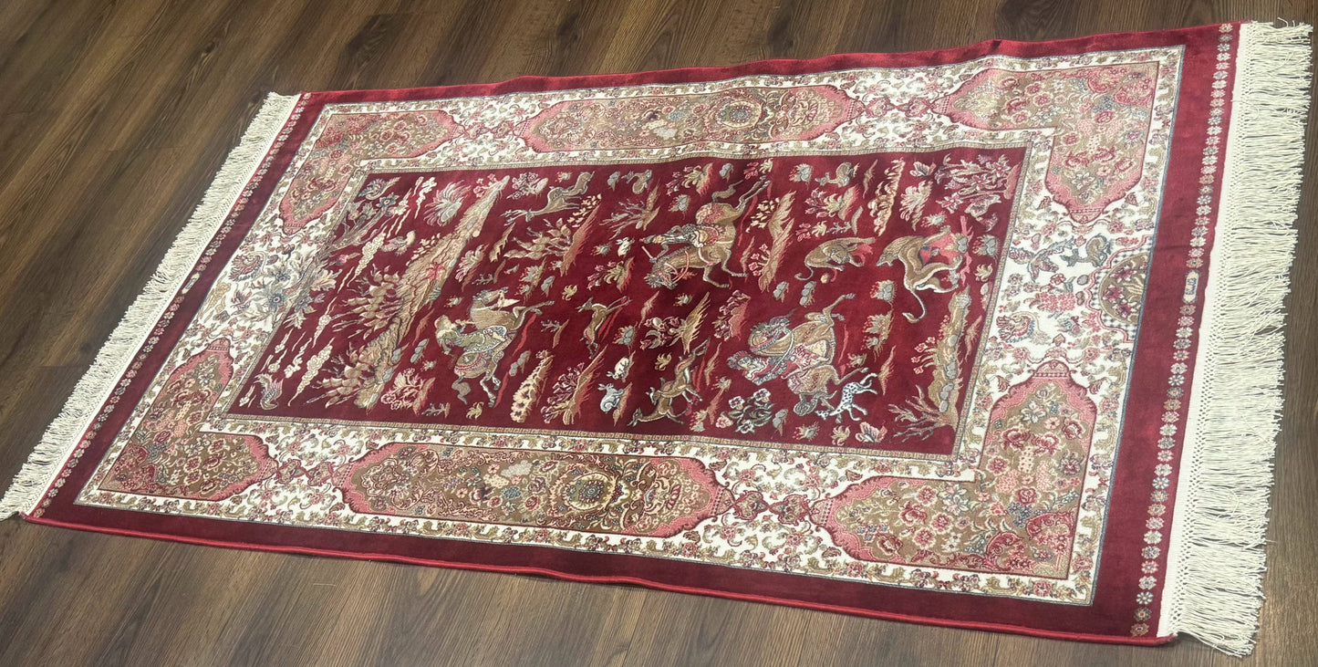 Turkish Silk Rug 3x5, Hunting Design, Dark Red & Ivory, Bamboo Silk, New