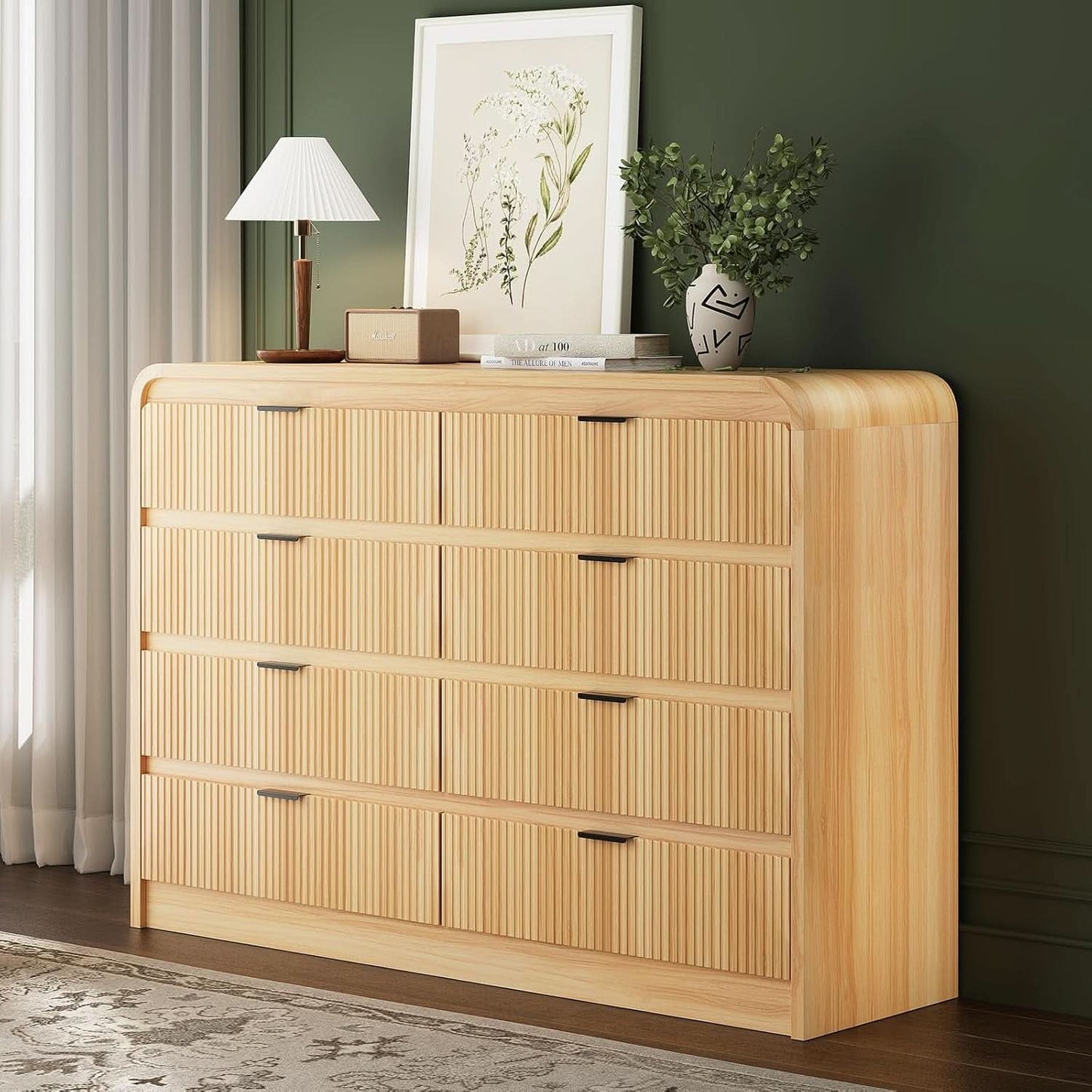 Natural Oak Fluted 8 Drawer Dresser 55 Inch Wide Bedroom