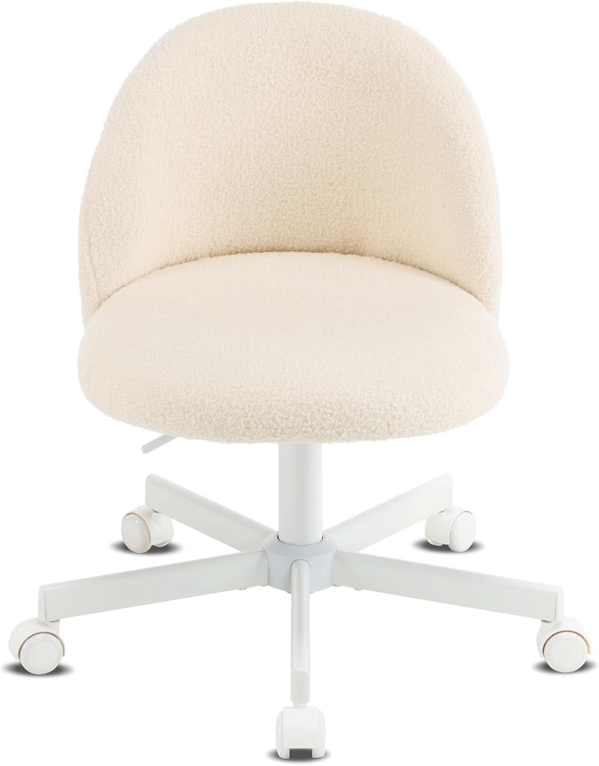 Armless Creamy Beige Teddy Fleece Office Desk Chair With Wheels