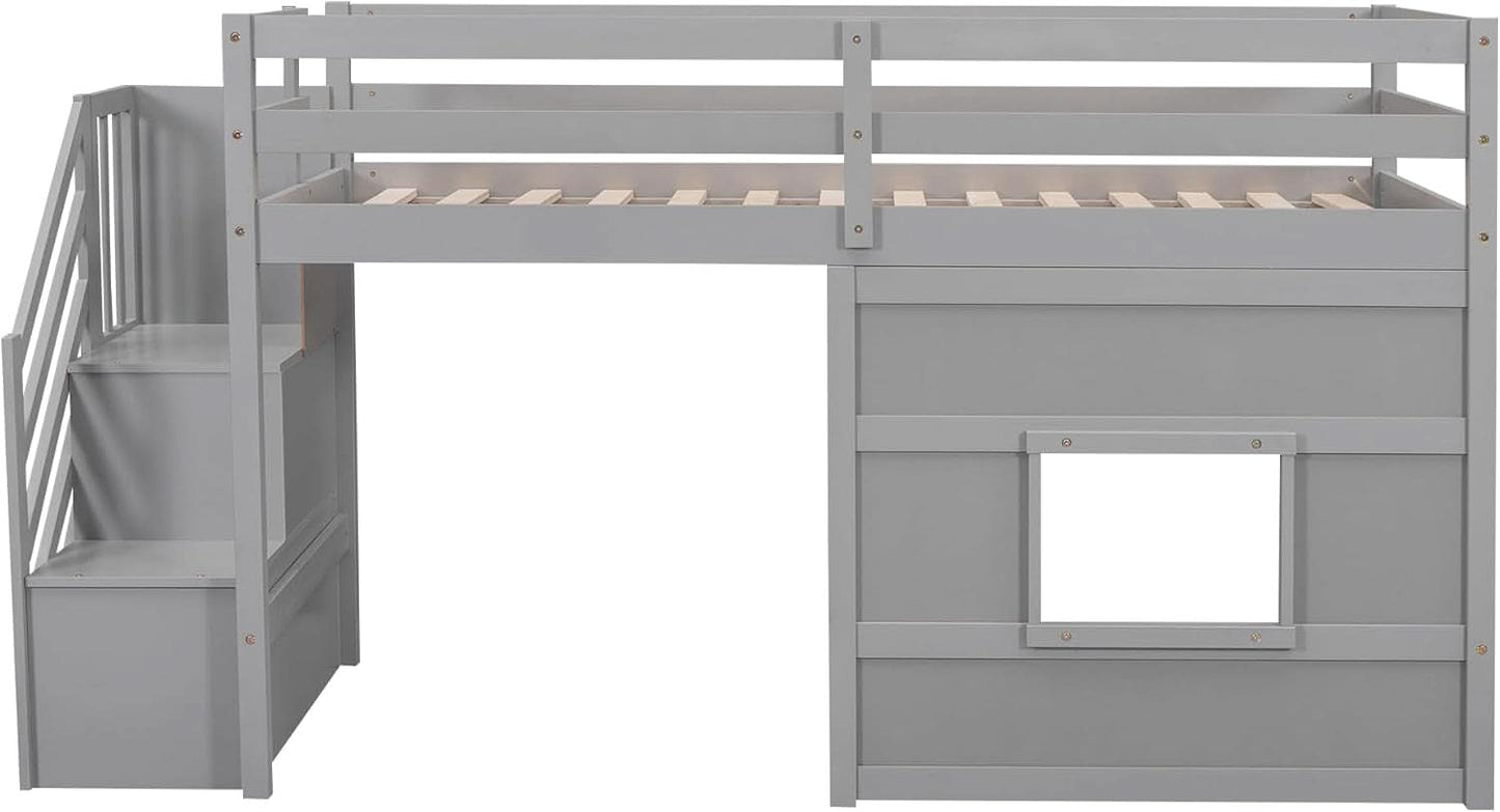 Twin Size Low Loft Bed In Gray With Stairs Storage