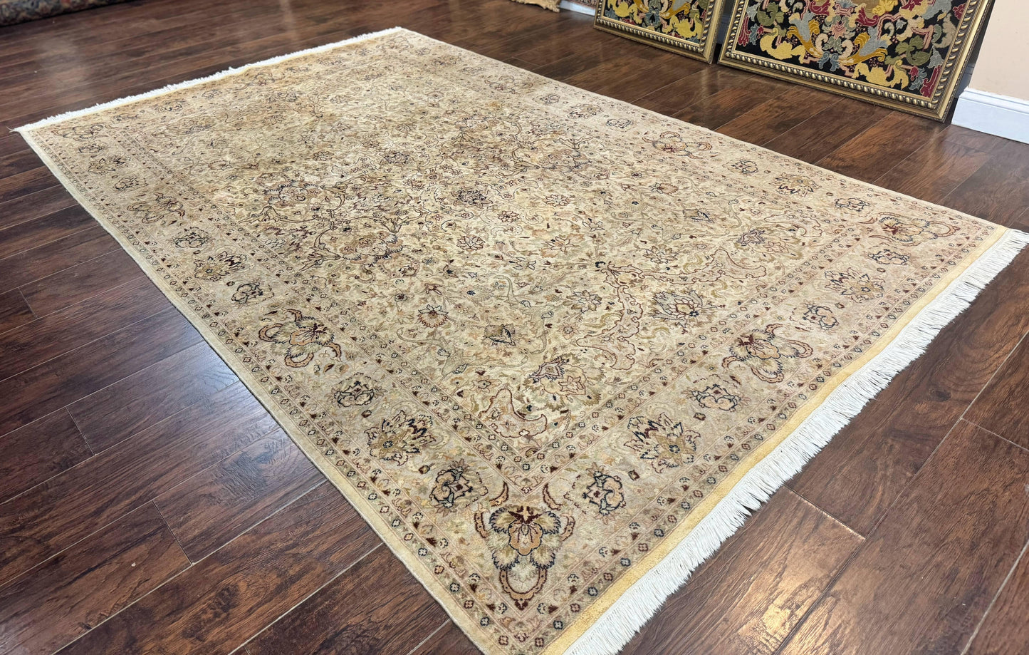 Pak Persian Rug 6x9, Vintage Handmade Wool Carpet, Floral, Beige