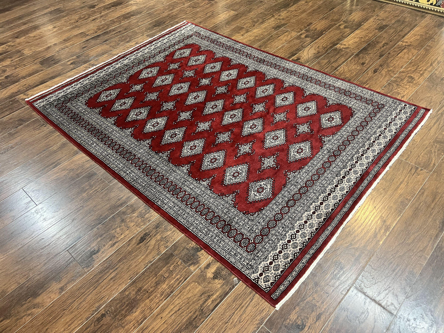 Pakistani Bokhara Rug 6x8, Fine Turkoman Carpet, Wool Handmade Vintage, Red, 6 x 8 Medium Sized Rug, Turkmen Rug