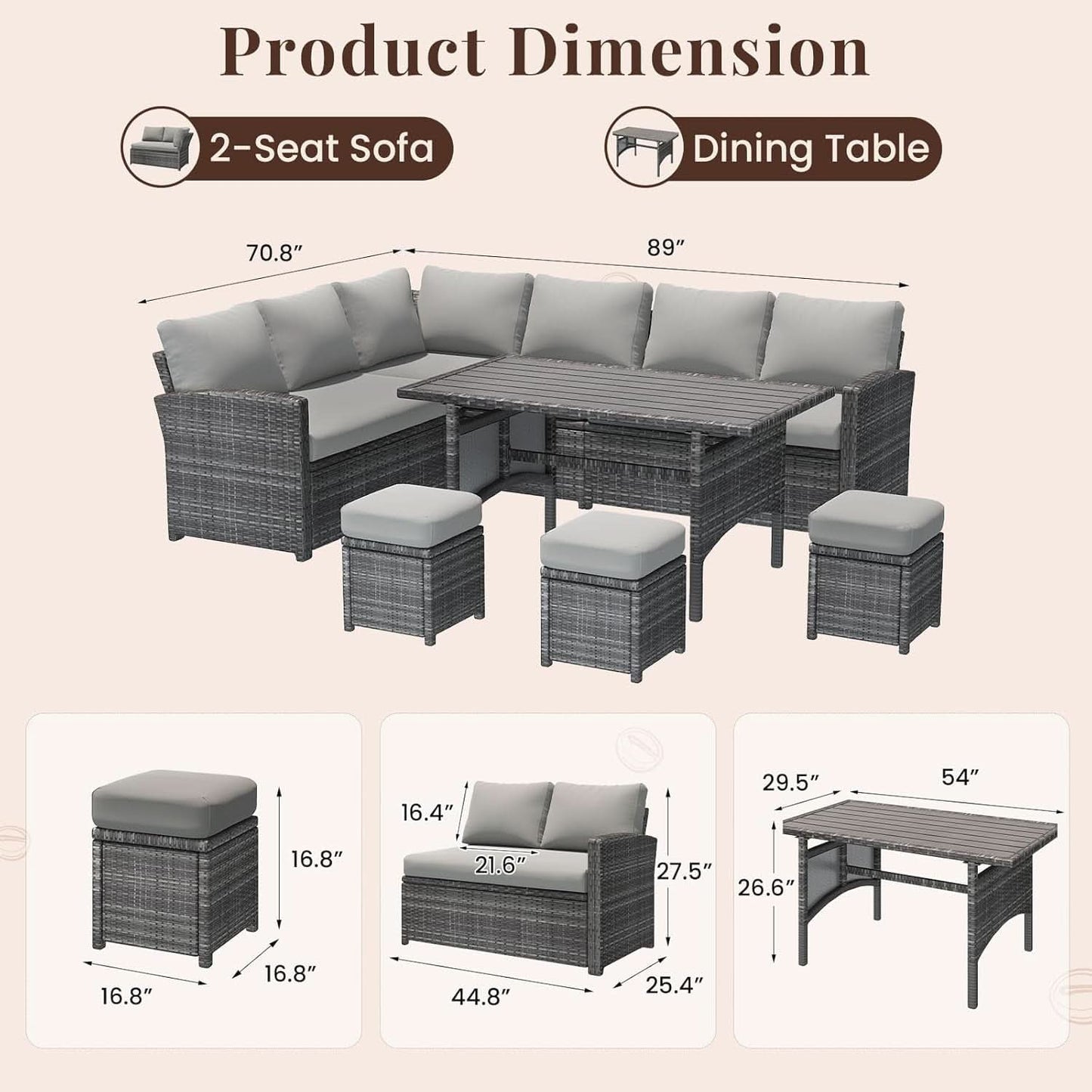 7 Piece Outdoor Patio Sectional Set All Weather Wicker Grey Cushions