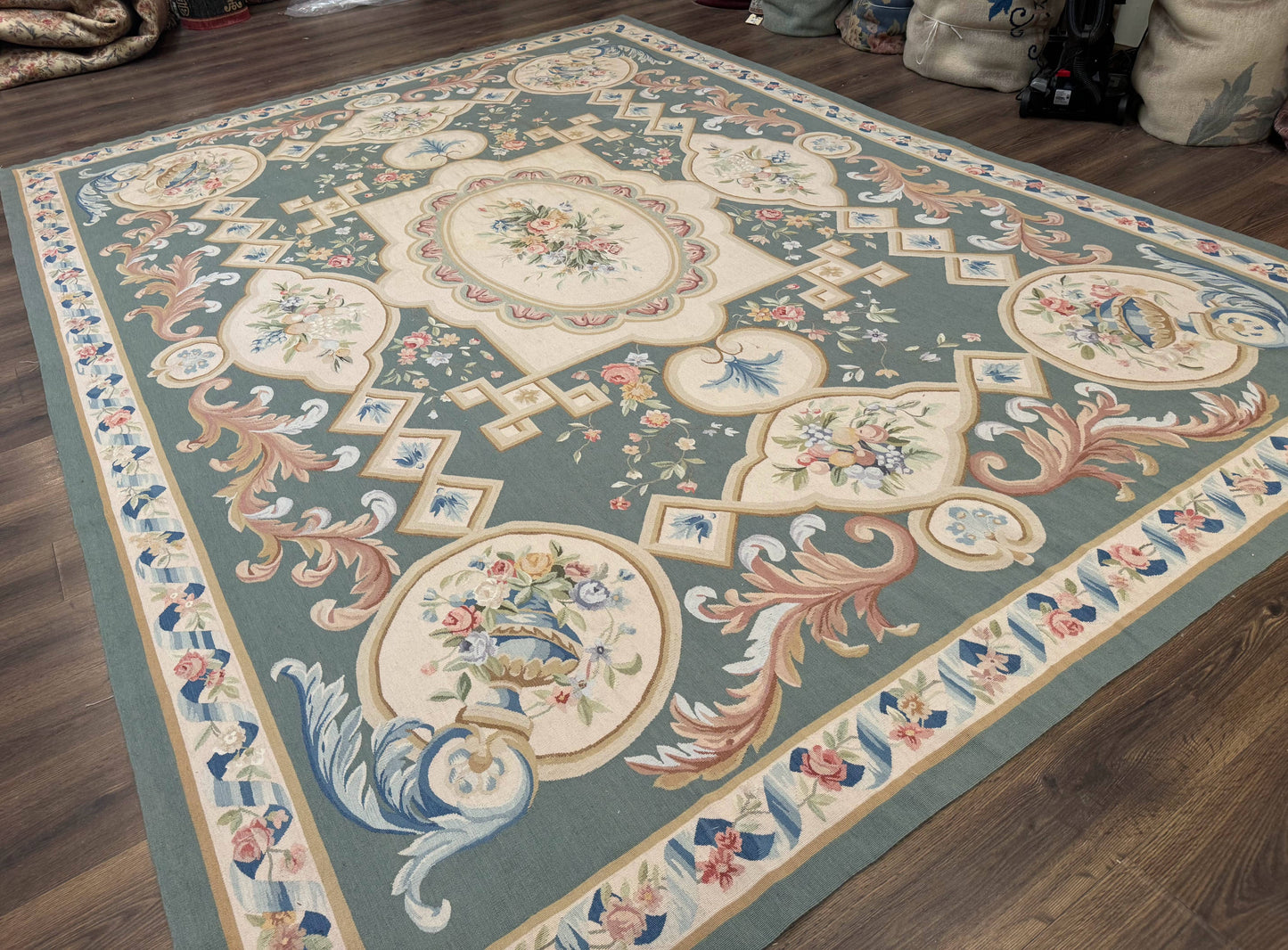 Aubusson Rug 9x12, Muted Sage Green and Cream, European Design