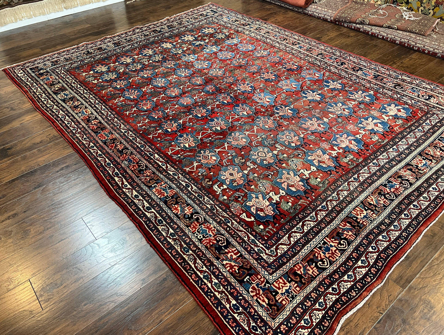 Antique Persian Bijar Rug 9x12 - Allover Motif, Red & Blue
