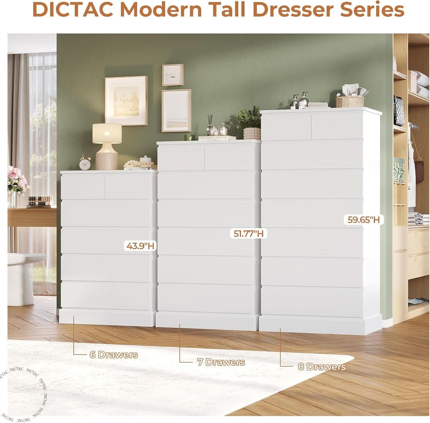 White Tall Dresser With 8 Drawers 59.7 Inch Vertical Bedroom Storage