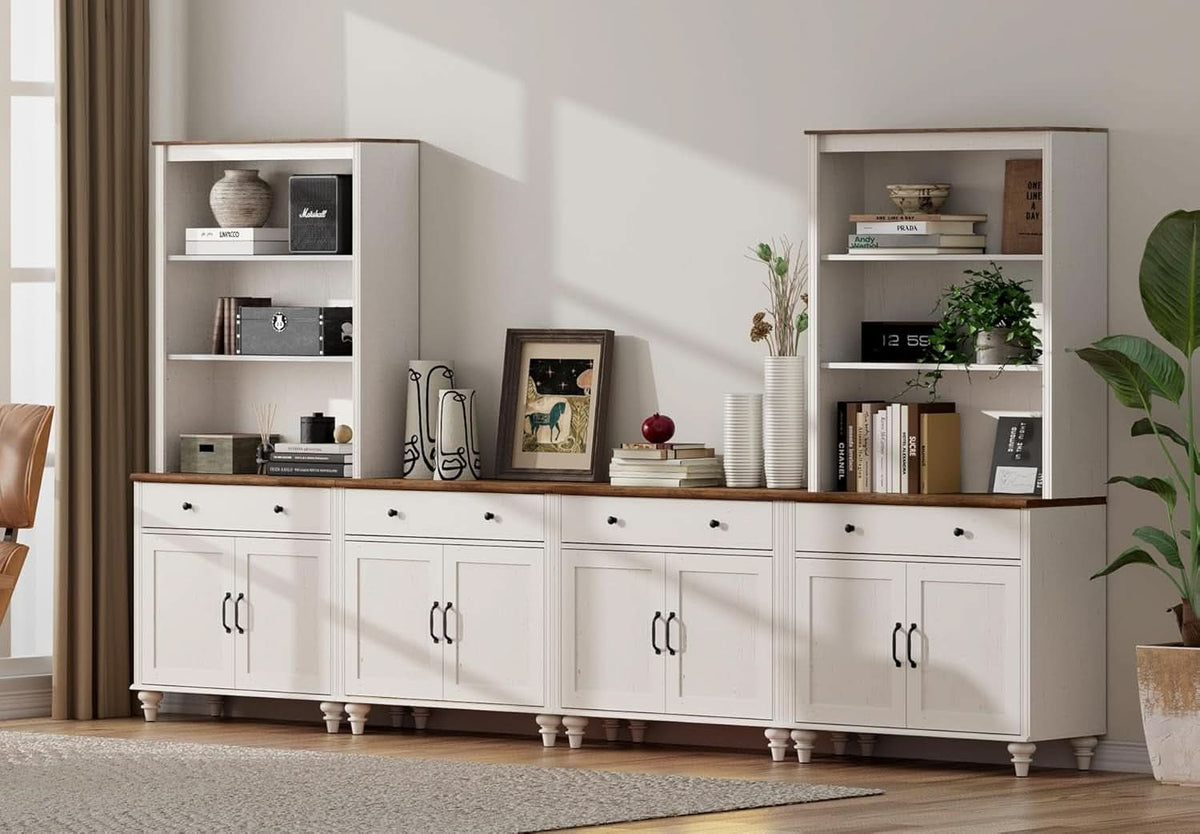 Farmhouse TV Stand For 75 Inch TV Off White 8 Doors
