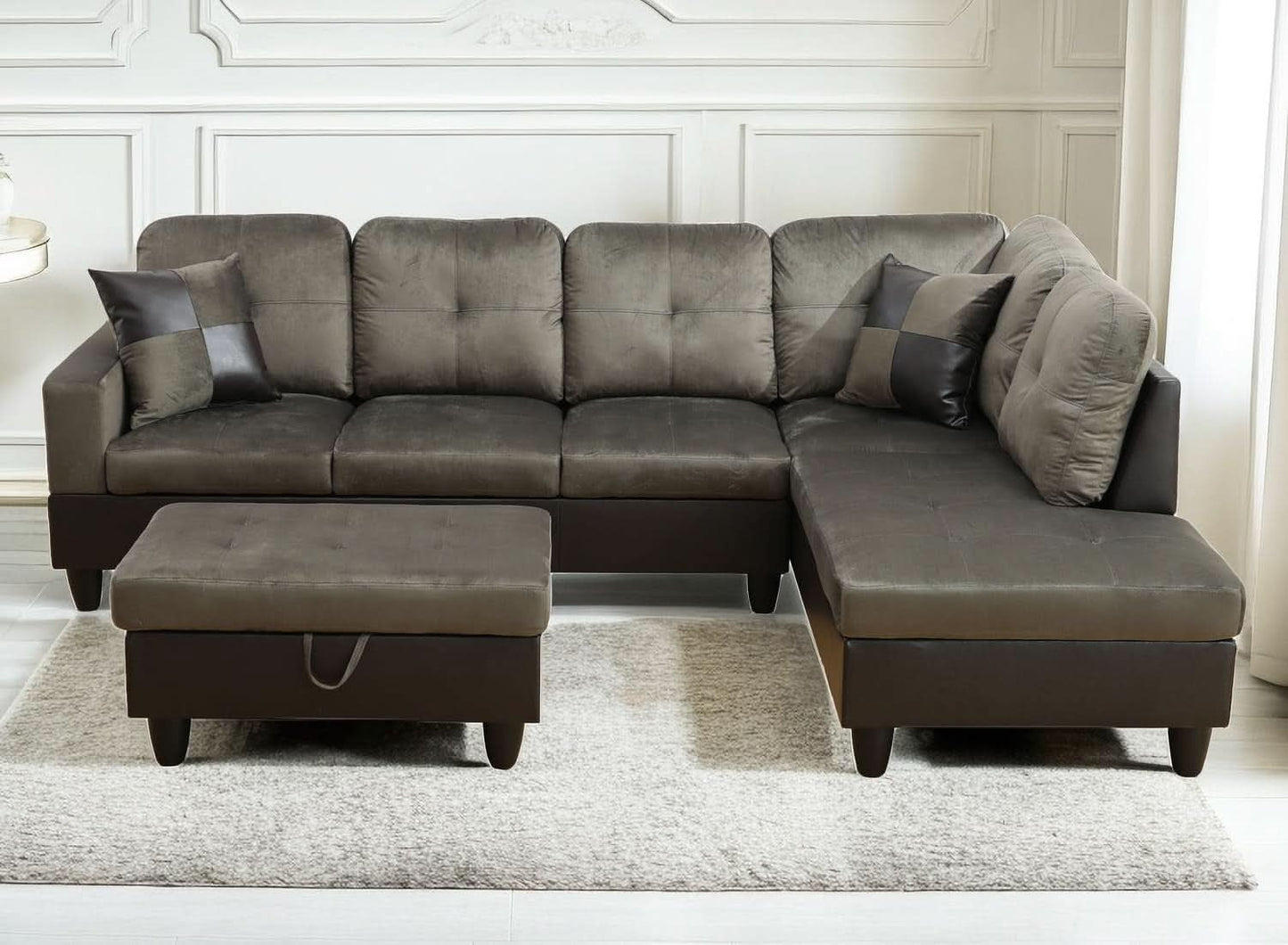 Taupe 105 Inch L Shaped Sectional Sofa With Storage Ottoman