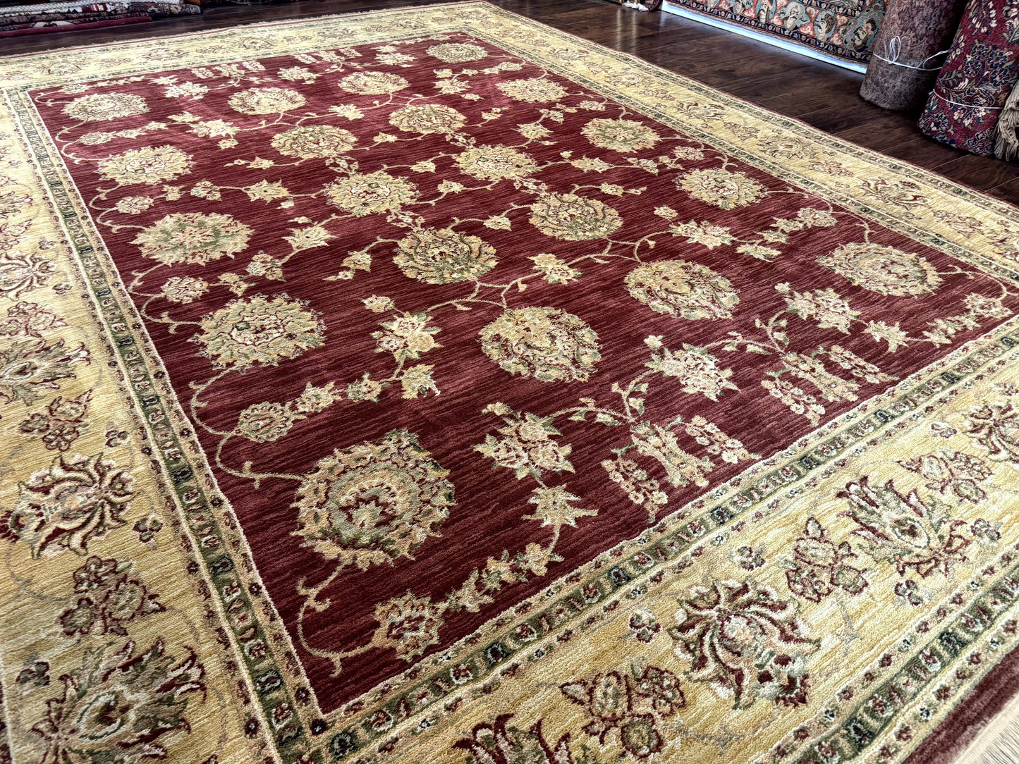 Traditional Wool Oriental Rug 9x13, Large Power Loomed Carpet, Burgundy