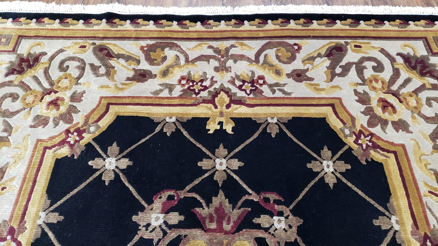 6x9 Nepalese Rug, Aubusson Savonnerie Area Rug 6 x 9 with Soft Pile, Hand-Knotted Wool Black & Beige Tibetan New Carpet European Design