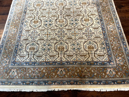 Indo Persian Rug 6x9, Beige, Allover Pattern, Vintage Wool Oriental Carpet