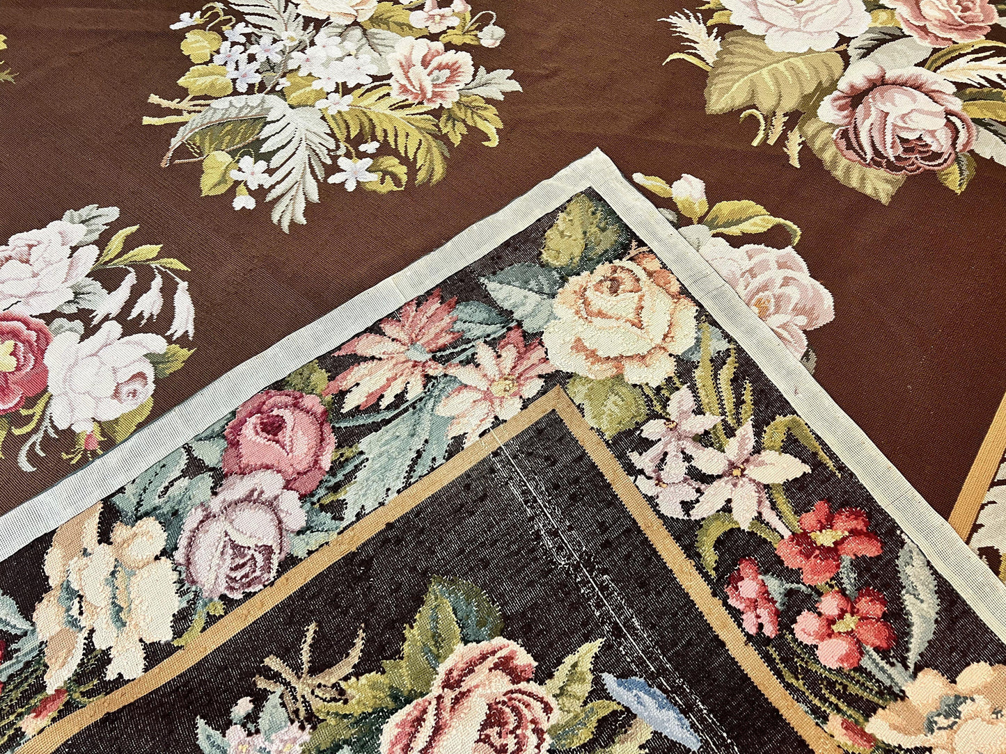 Vintage Needlepoint Rug 9x12, Large Handmade Hand-woven Needlepoint Carpet, Brown Area Rug, Floral Bouquets, Wool Rug, European Design