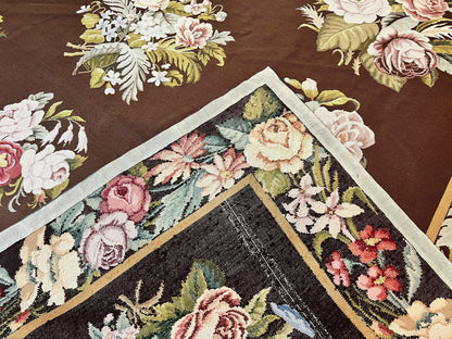 Vintage Needlepoint Rug 9x12, Large Handmade Hand-woven Needlepoint Carpet, Brown Area Rug, Floral Bouquets, Wool Rug, European Design