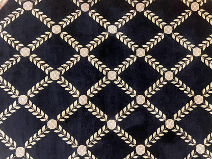 Oval Tibetan Rug 8x10, French Aubusson Design, Wool Handmade Vintage Carpet, Black & Beige, Soft Wool Pile