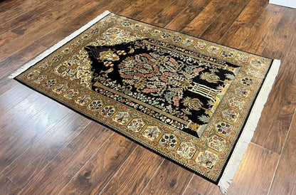 Wonderful Sino Persian Silk Rug 4x6, Tree of LIfe Design, Masterpiece 575 KPSI, Birds, Prayer Rug, Black, Silk on Silk