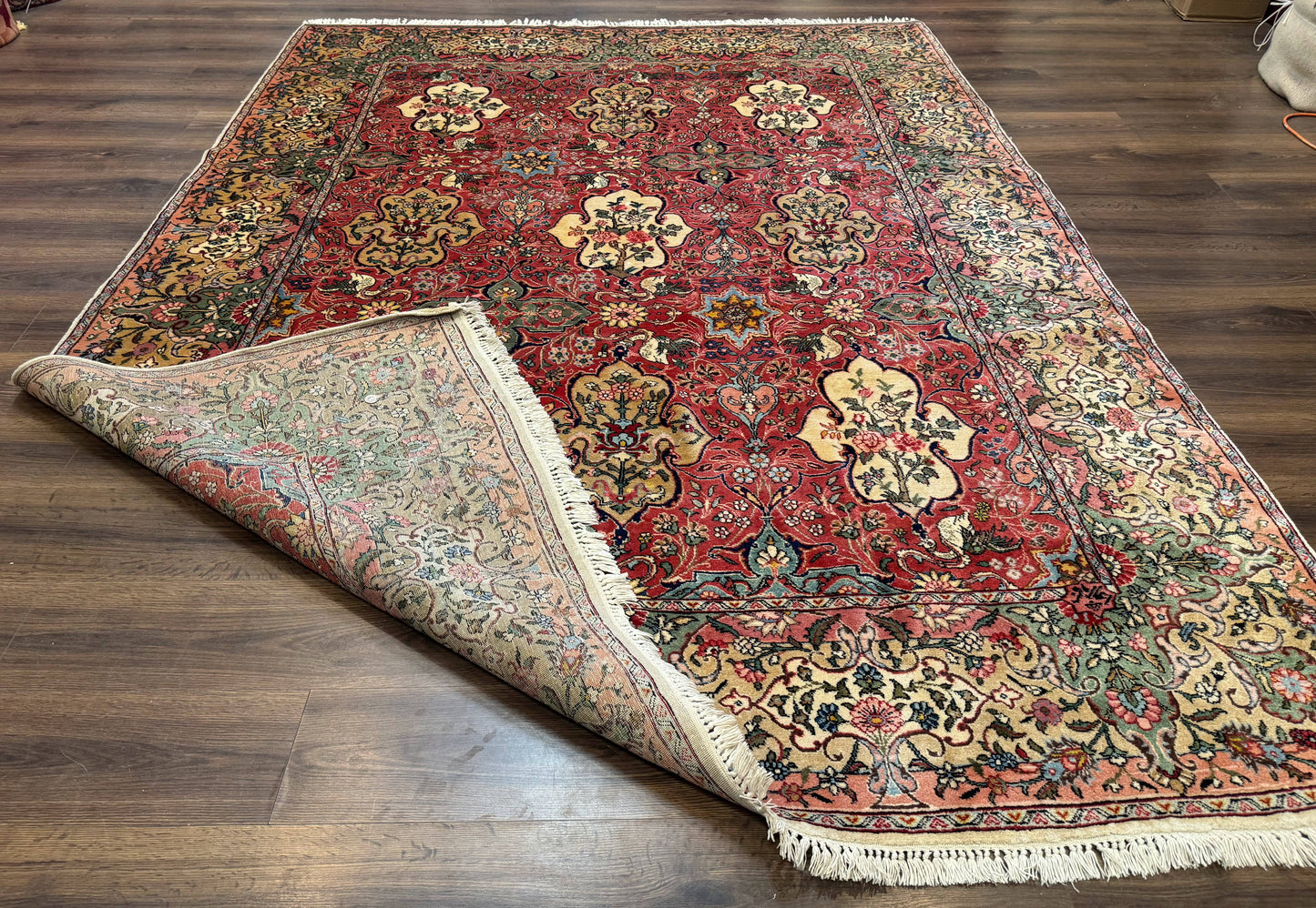 Antique Tabriz Persian Rug 7x10, Red Cream Tan, Unique Design, Fine 270 KPSI, Birds, Floral