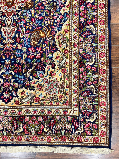 Persian Kirman Rug 6x9, Floral Medallion Vintage Wool Handmade Carpet 6 x 9, Animal Pictorials Birds, Semi Antique, Navy Blue, Millefleur