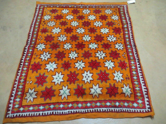 Vintage Moroccan Rug 4x5, Orange Ivory Red, Geometric Stars, Repeated Motif Allover, Hand Knotted Soft Wool Area Rug, Tribal Oriental Carpet