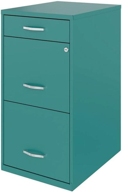 Turquoise Metal 3 Drawer Vertical Filing Cabinet Lockable 27.32 Inch Pre Assembled For Home Or Office