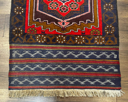 Afghan Rug 3x5, Tribal, Navy Blue, Wool, Handmade, Geometric, Rustic