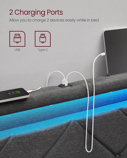 Illuminated Full Size Bed Frame With USB C Ports Headboard