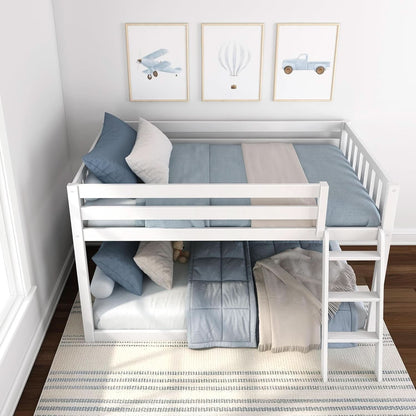 White Twin Low Bunk Bed Solid Wood Frame For Kids Safe