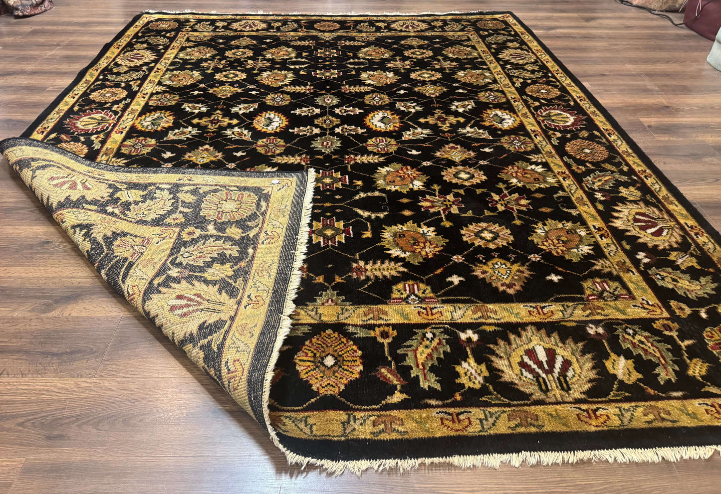 Indo Persian Mahal Rug 8x10, Black and Gold, Wool Hand Knotted Oriental Carpet