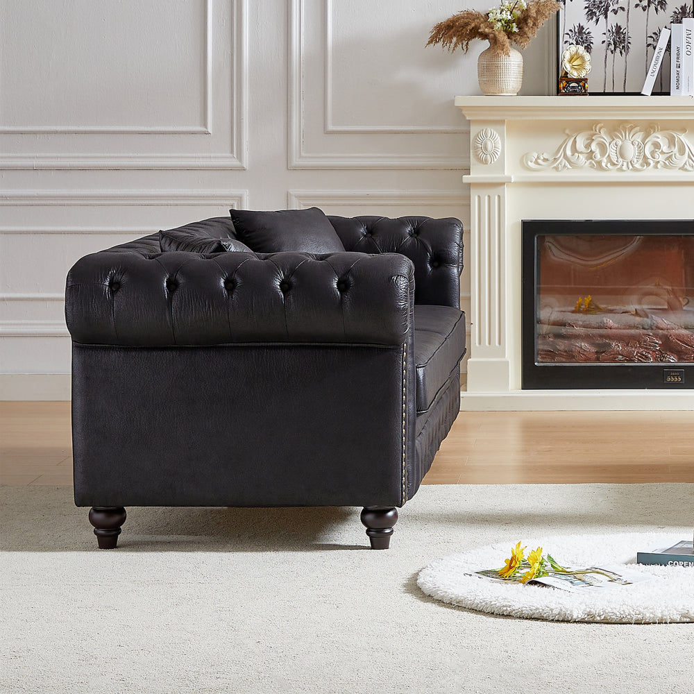 85.5" Chesterfield Sofa 3-Seater | Tech Fabric with Button Tufting, Rolled Arms & Wood Legs — Brown / Black