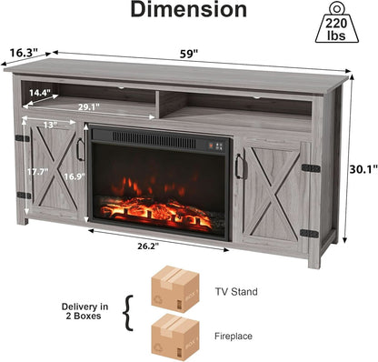 Rustic Fireplace TV Stand 65 Inch with Barn Doors Grey Wash