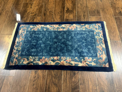 Blue Chinese Wool Rug 2.5 x 4, Peking Rug, Fete Rug, Semi Antique Chinese Carpet