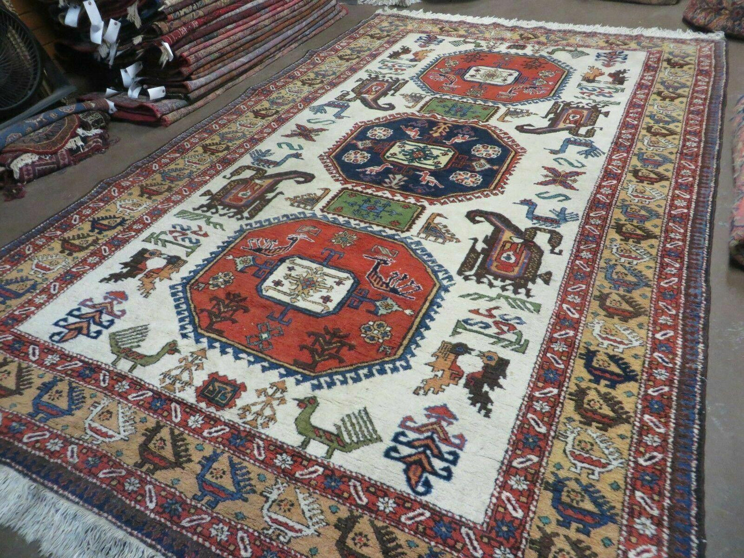 7' X 10' Vintage Handmade Knotted Turkish Wool Rug Birds Animal Ivory Organic