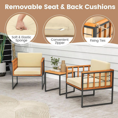 Three Piece Acacia Wood Patio Chair Set With Cushioned Seats For Balcony Porch And Backyard Beige