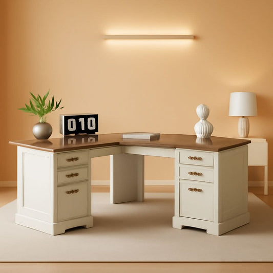 60 Inch Farmhouse L Shaped Desk Antique White With Drawers