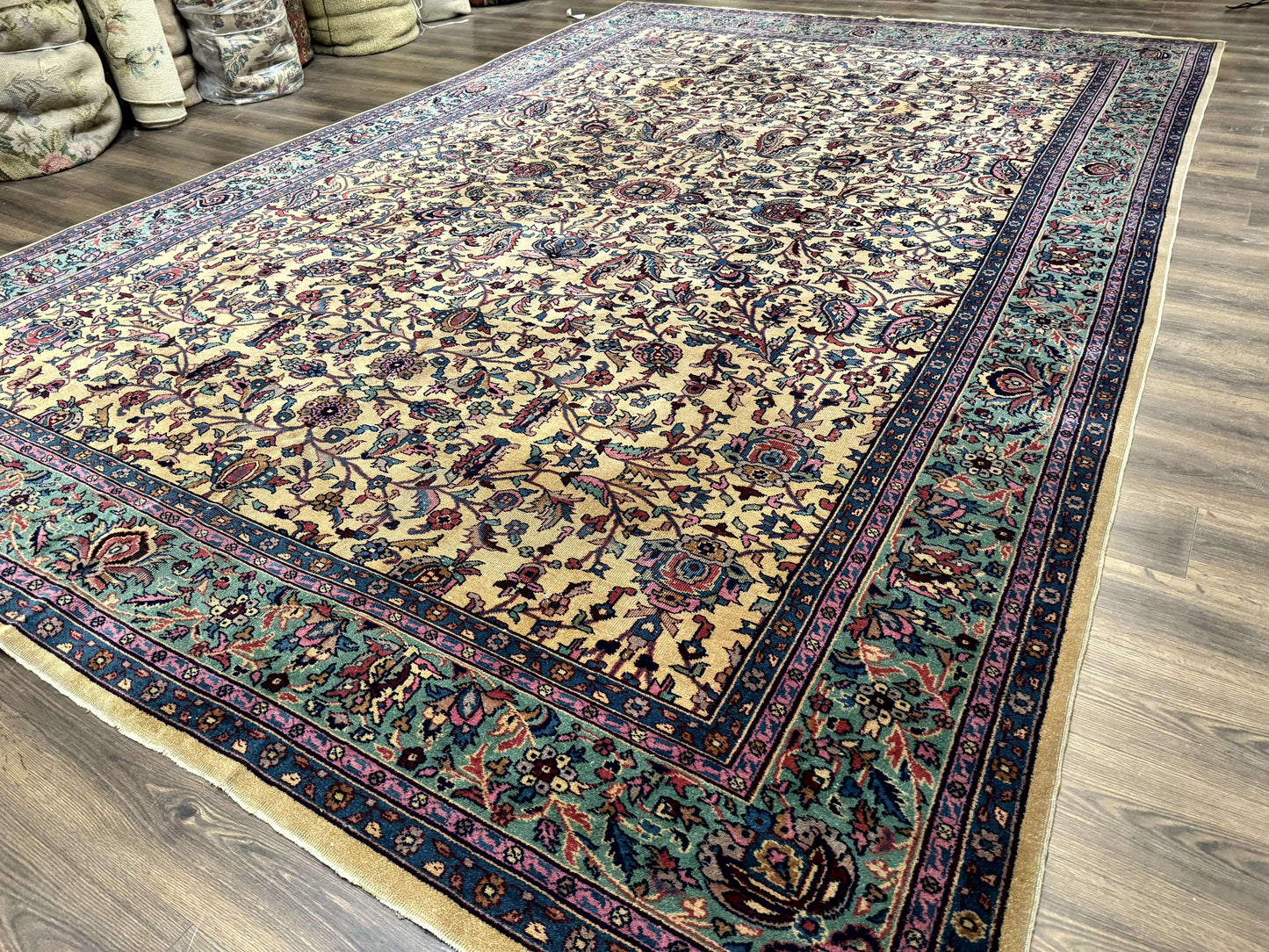 Antique Persian Rug 10x15, Camel and Cyan, Allover Pattern, Rare, Samarkand Rug