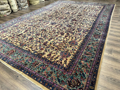Antique Persian Rug 10x15, Camel and Cyan, Allover Pattern, Rare, Samarkand Rug