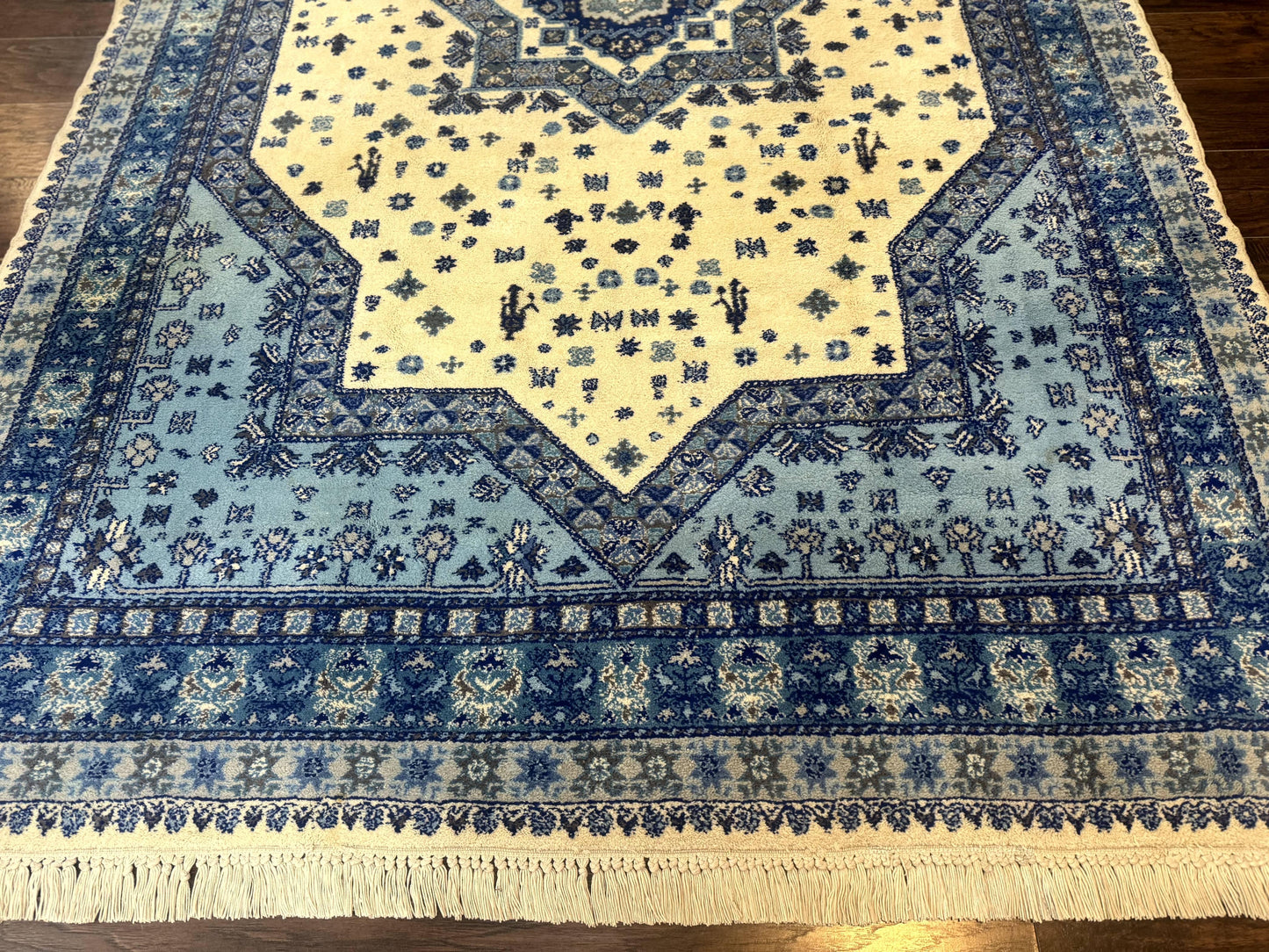 Moroccan Rug 7x10, Geometric Medallion, Blue and Ivory