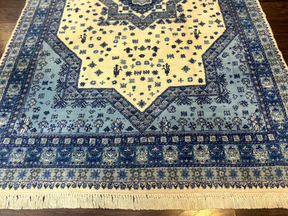 Moroccan Rug 7x10, Geometric Medallion, Blue and Ivory
