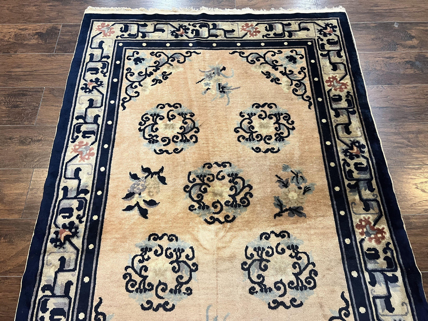 Chinese Peking Rug 4x6, Wool Hand Knotted Handmade Vintage Semi Antique Carpet, Semi Open Field, Light Peach & Navy Blue, Art Deco Rug