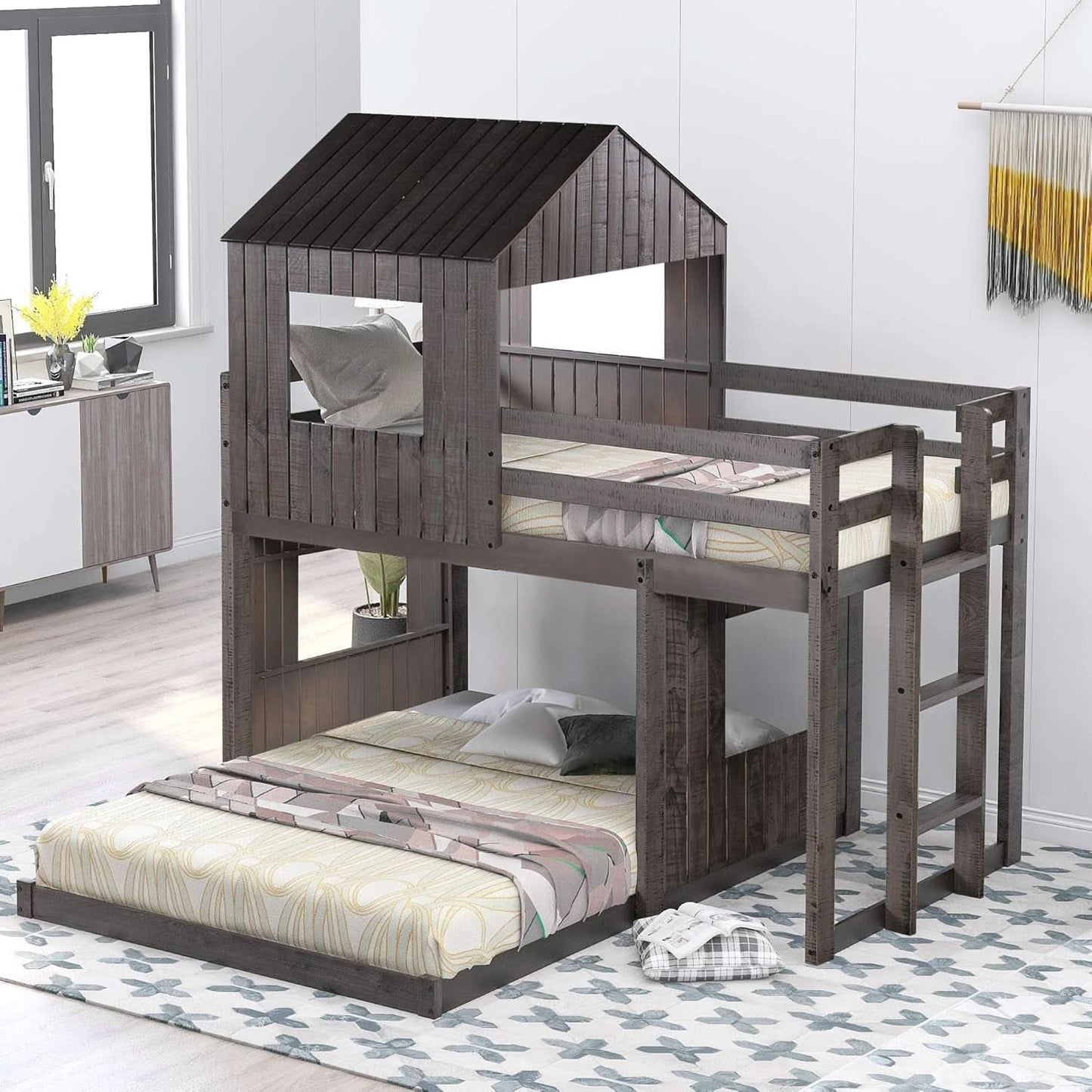 House Bunk Beds Twin Over Full Wood Distressed Grey
