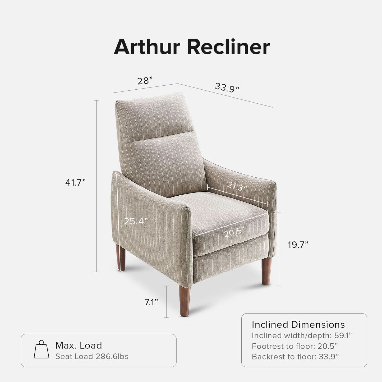 Arthur Mid Century Recliner Chair With 3 Positions Taupe Stripe Jacquard